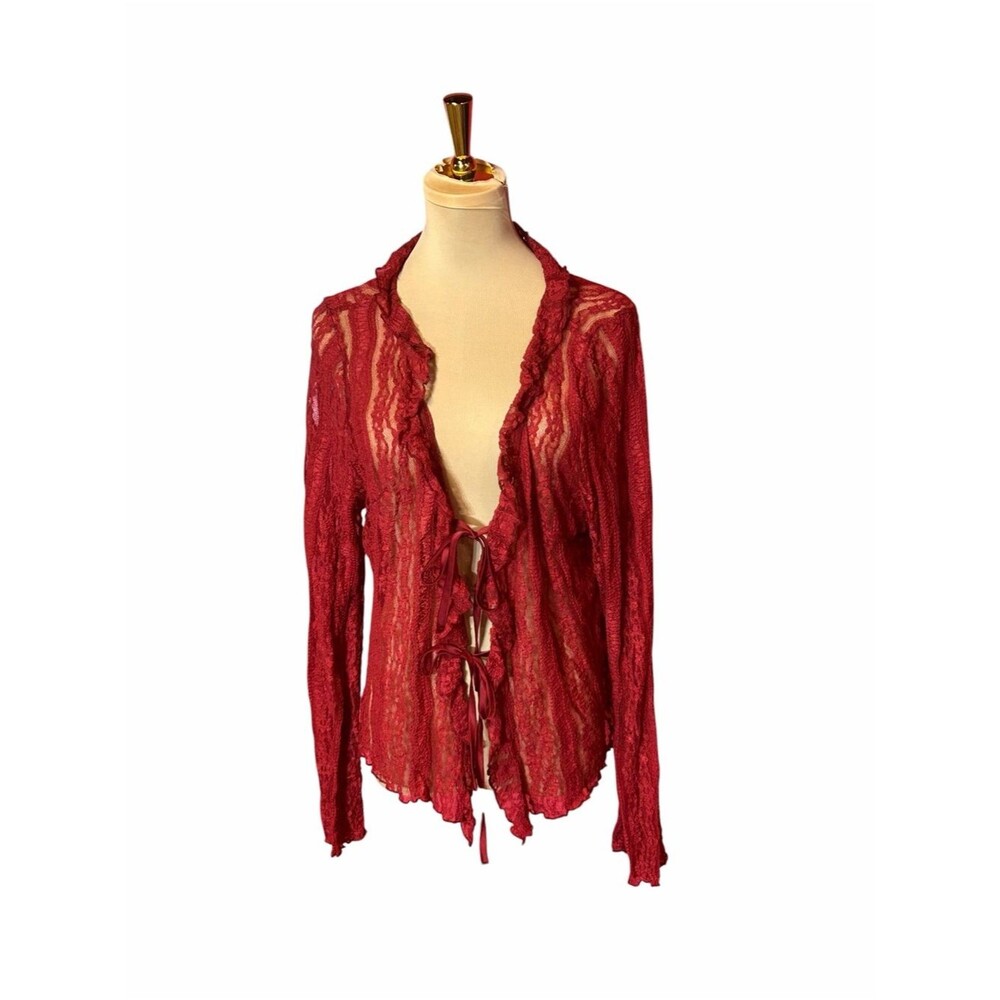 SHEIN Curve Red Sheer Lace Tie Front Cardigan 3XL Y2K Boho Cover Up